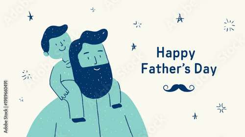 Minimal blue Father’s Day illustration of dad carrying child on shoulders in clean flat vector style ideal for greeting cards and posters