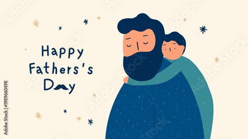 Minimal blue Father’s Day illustration of dad carrying child on shoulders in clean flat vector style ideal for greeting cards and posters
