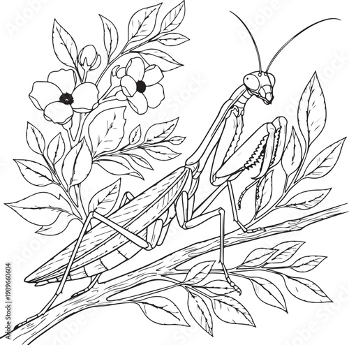 Detailed black and white illustration of a praying mantis on a branch with flowers