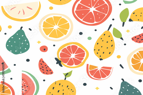 Hand Drawn Whimsical Fruit Pattern with Citrus Watermelon and Pear