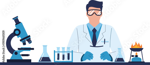 Scientist in laboratory with microscope and chemical experiments research science education medical analysis and innovation illustration