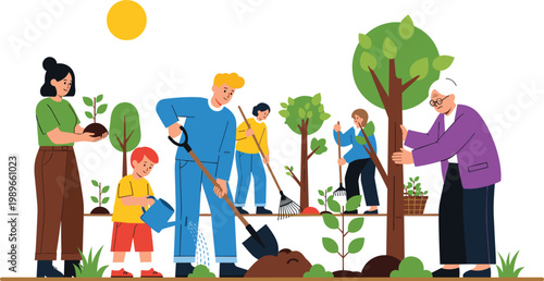 Community tree planting activity with people gardening environmental conservation teamwork nature care and sustainability illustration