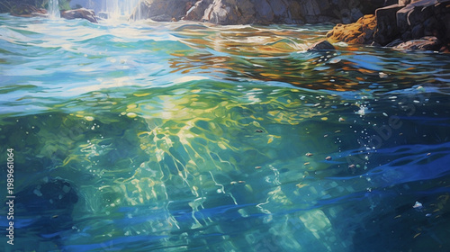 Sunlit Coral Reef Beneath Crystal Clear Ocean Waters