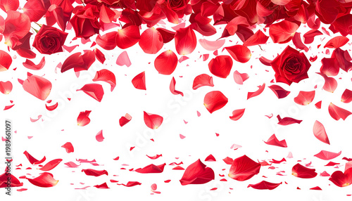 A border of red rose petals and roses spilling onto a black background