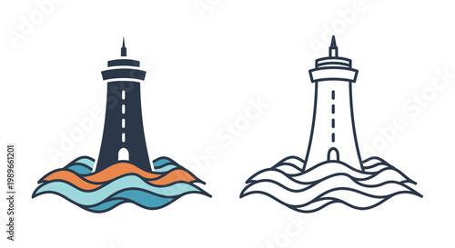 Two Lighthouses, One Colored with Ocean Waves and One Outline, Symbolizing Guidance and Nautical Safety on an Isolated White Background