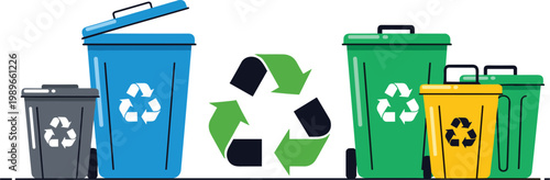 Recycling bins with recycle symbol plastic glass and general waste containers eco friendly waste management vector illustration