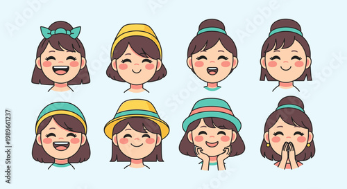 Set of funny cartoon people avatars and character icons featuring diverse expressions with hair, hats, mustaches, and smiles in a vector illustration design