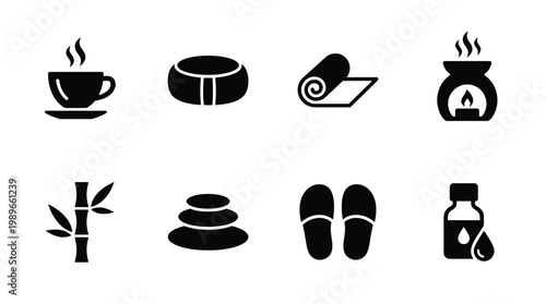 Collection of black spa, wellness, and relaxation icons including hot cup, stones, towel, and essential oil. Perfect for health and beauty designs.