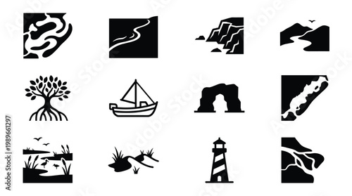 A diverse set of black and white vector icons representing various natural landscapes, sea, and travel elements. Ideal for web, print, and mobile apps.