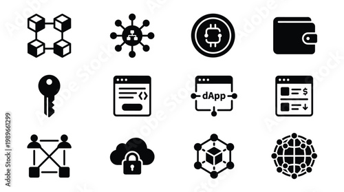 Modern black glyph icons representing blockchain, cryptocurrency, dApps, smart contracts, and secure data networks. Ideal for tech articles, websites, and presentations.