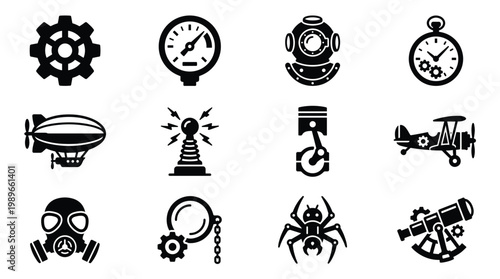A collection of black Steampunk-themed vector icons depicting vintage machinery, science, and adventure elements. Perfect for retro-futuristic designs.