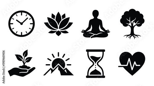 Vector set of black silhouette icons representing health, wellness, nature, and time. Ideal for apps, websites, presentations, and branding materials.