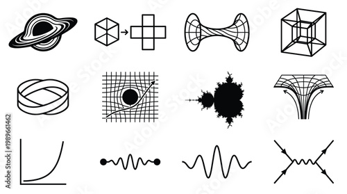 Vector icon set showcasing abstract scientific and mathematical concepts including physics, geometry, and space. Ideal for educational content, research, and tech design.