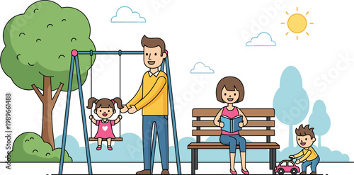 Family spending time in park father pushing child on swing mother reading book kids playing vector illustration