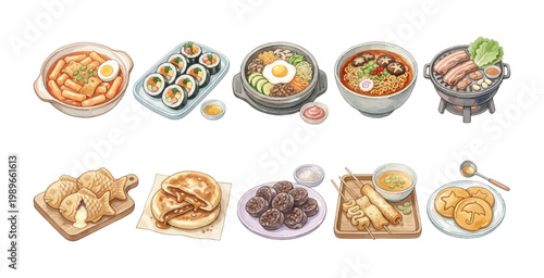 Watercolor Korean Food Clipart Set — 10 Traditional Street Food Tteokbokki Bibimbap Kimbap Illustration