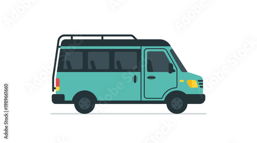 Teal colored van with roof rack.