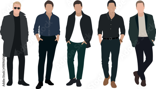 Group of stylish young men in modern trendy outfits casual summer fashion flat vector illustration fashionable male characters isolated on white background
