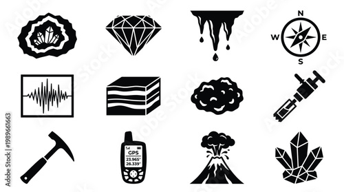 Comprehensive vector set of geology, exploration, and earth science icons. Perfect for infographics, educational content, apps, and web design. Clear, modern glyphs.