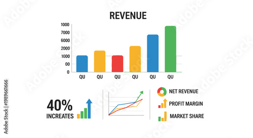 Billede på lærred Business financial growth chart showing revenue, profit margin, and market share data with increasing trends on an isolated white background