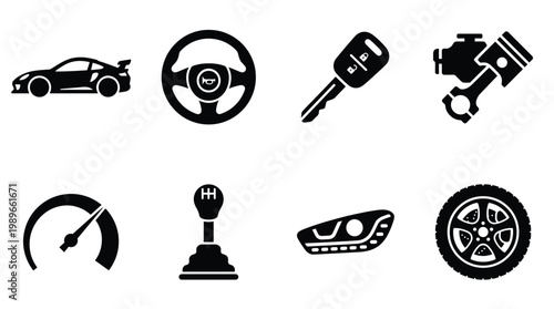 Modern flat black vector icons showcasing essential car parts like engine, key, and wheel. Ideal for automotive websites, apps, and service ads.