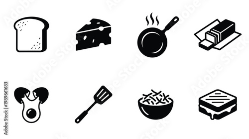 A set of essential cooking and food vector icons. Featuring ingredients, utensils, and simple prepared dishes. Ideal for menus, apps, and web design projects.