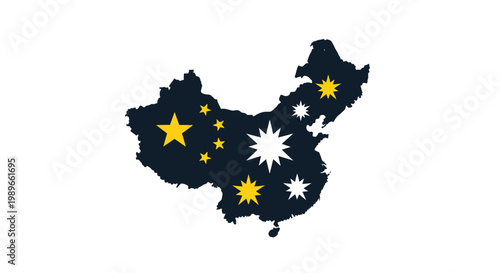 Stylized map of China filled with yellow and white stars, symbolizing national identity on an isolated white background.