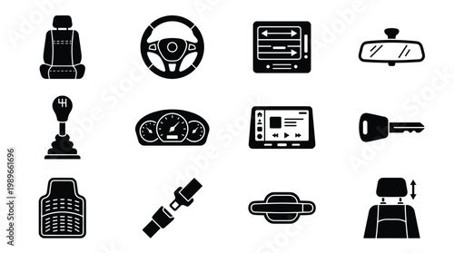 Modern black silhouette icons of car interior elements including steering wheel, seats, dashboard, and controls. Perfect for automotive design, apps, and infographics.