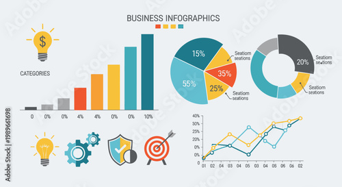 Business infographics with bar charts, pie charts, and data visualization elements for financial reports and presentations on a bright studio background.