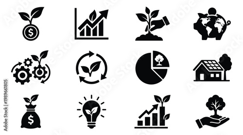 A collection of black glyph icons representing sustainable development, green energy, finance, ecology, and growth. Ideal for environmental projects, business, and web design.