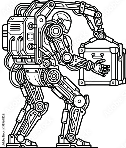 Advanced robotic exoskeleton worker with mechanical arms lifts a heavy metal box for industrial manufacturing and heavy logistics warehouse tasks