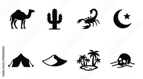 A versatile set of black vector icons representing desert and Middle Eastern themes. Features camel, cactus, scorpion, crescent, tent, dune, oasis, skull. Ideal for web, print.
