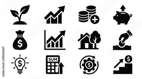 Vector icons for financial growth, investment, savings, and business strategies. Ideal for economic websites, apps, presentations, and infographics.