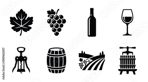 This clean vector set offers essential wine icons: grapes, bottle, glass, barrel, corkscrew, vineyard, press. Ideal for web, print, and branding.
