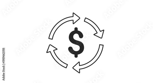 Dollar sign with circular arrows symbolizing money flow and financial cycle on an isolated white background