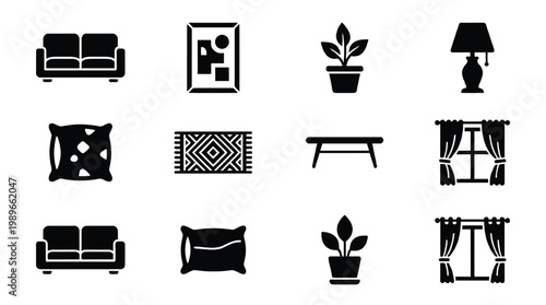 A minimalist collection of black vector icons representing common home furnishings and interior decor elements. Ideal for design, apps, websites, or architectural plans.