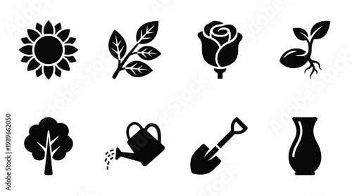 A versatile vector icon set featuring essential nature and gardening elements: plants, tools, and growth symbols. Ideal for web, print, and ecological designs.
