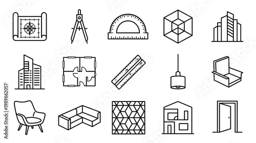 A versatile vector collection of line icons for architecture, interior design, and drafting tools. Ideal for professional websites, apps, and presentations.