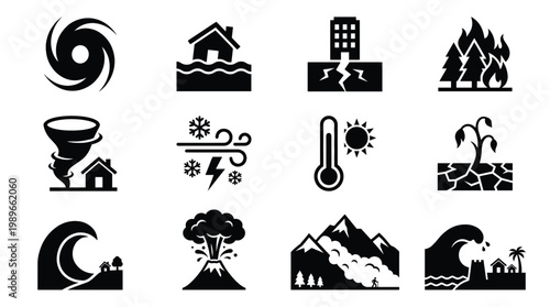Vector icons of natural disasters: hurricane, flood, earthquake, wildfire, tornado, blizzard, heatwave, drought, tsunami, volcano, avalanche. Essential for warnings, news, and education.