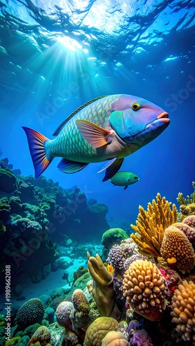 A vibrant underwater scene showcases a colorful fish with coral reefs. Beams of sunlight penetrate the blue water creating a beautiful ambiance
