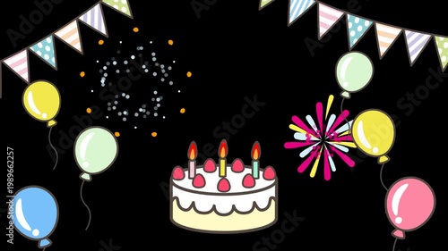 Cute Cartoon Birthday Frame Animation Horizontal with Alpha Channel, No Text, Bunting Swing, Bouncing Cake, Balloons and Fireworks
