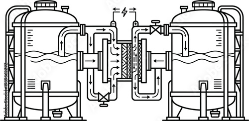 A detailed line drawing illustrates a complex industrial water filtration and purification system, showing its internal components and processing flow.