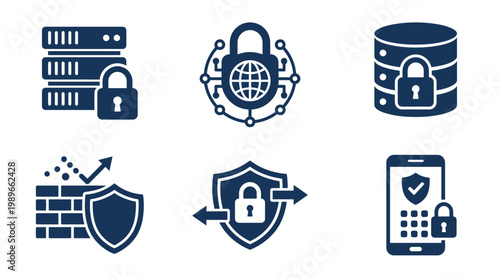 Collection of cybersecurity icons representing data protection, secure networks, and encryption