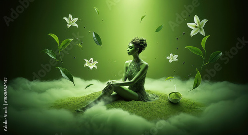 Serene green figure meditates peacefully surrounded by lush mist, floating leaves, and delicate white flowers. natural harmony and tranquil