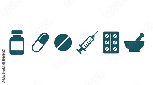 Collection of medical icons including bottle, capsule, pill, syringe, tablets, and mortar