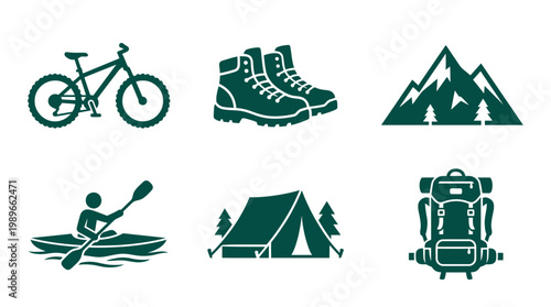 Outdoor Adventure Icons Featuring Bicycle, Hiking Boots, Mountains, Kayaker, Tent, and Backpack