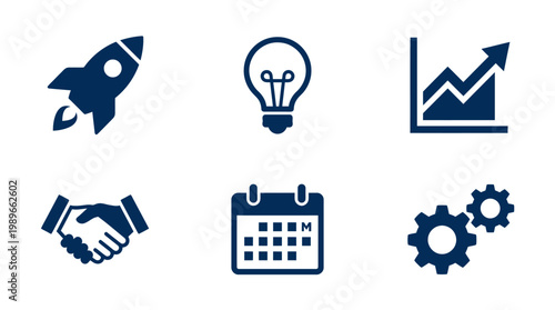 Icons representing business concepts such as innovation, growth, and collaboration