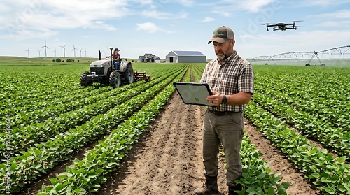 A farmer uses a tablet to monitor crop growth in a smart agriculture field, with sensors, drone, and tractor supporting precision farming and sustainable, technology-driven food production.