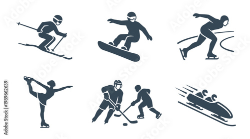 Collection of winter sports silhouettes showcasing skiing, snowboarding, skating, and bobsledding