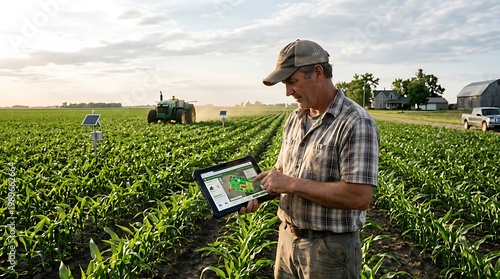 A farmer uses a tablet to monitor crop growth in a smart agriculture field, with sensors, drone, and tractor supporting precision farming and sustainable, technology-driven food production.