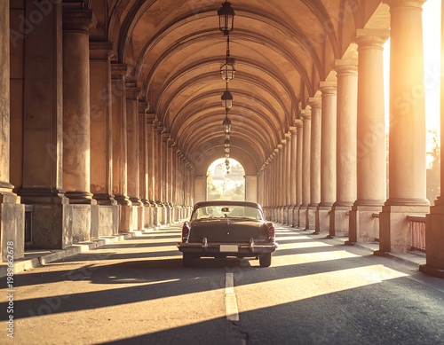 A vintage black car travels under a colonnade with a long archway, bathed in sunlight. Shadows are prominent